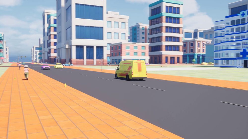 A yellow ambulance driving down a city avenue past traffic, pedestrians and
                      apartment blocks, with the hospital visible ahead.