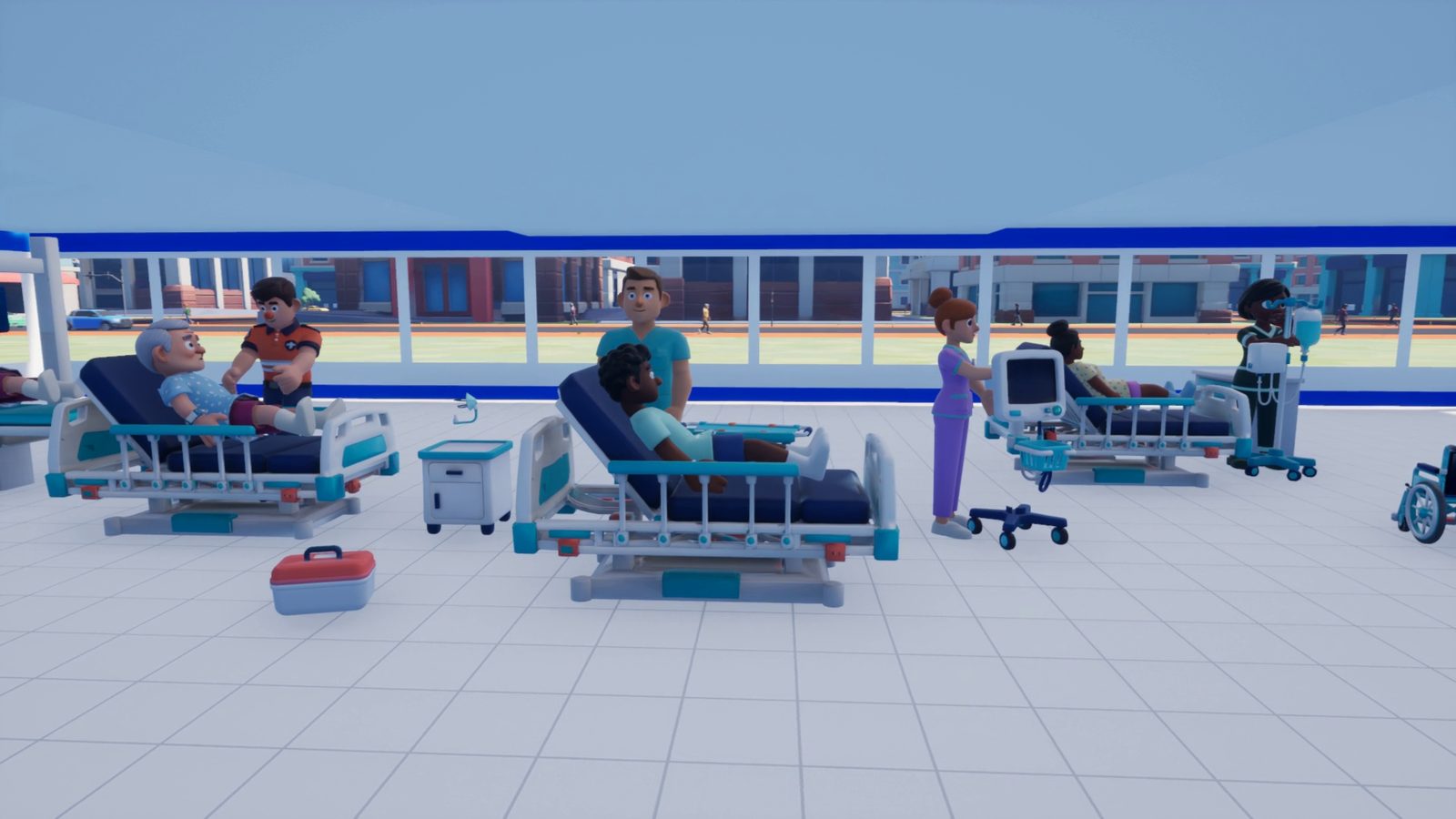 The emergency ward of the hospital: several patients in adjustable beds, a nurse
                      at a vitals monitor, a doctor at a bedside, and a paramedic attending a patient.