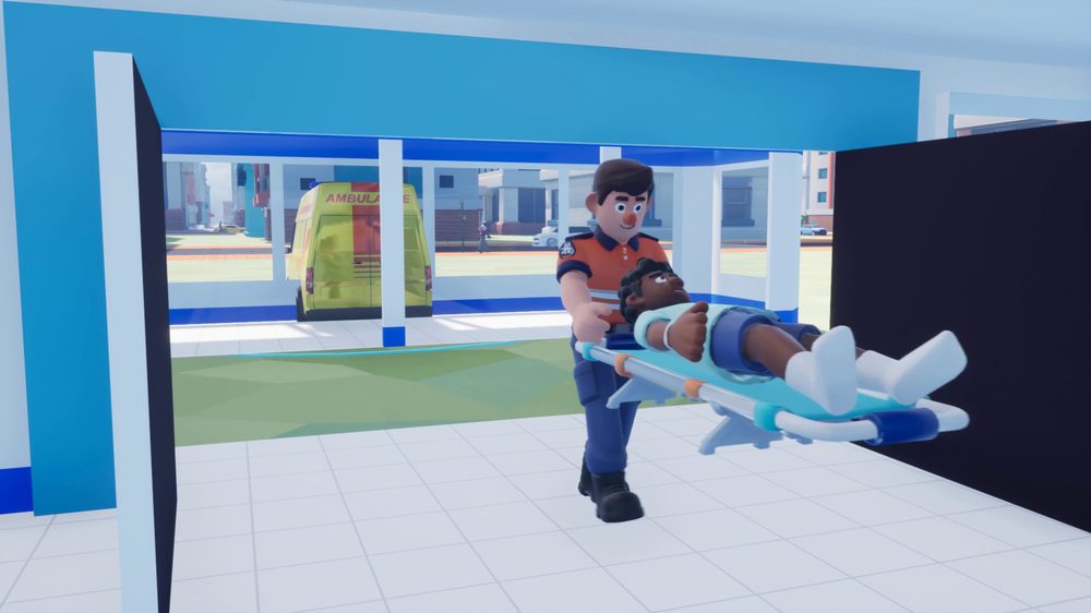 A paramedic pushing a patient on a stretcher through the hospital entrance,
                      with the ambulance parked outside behind them.