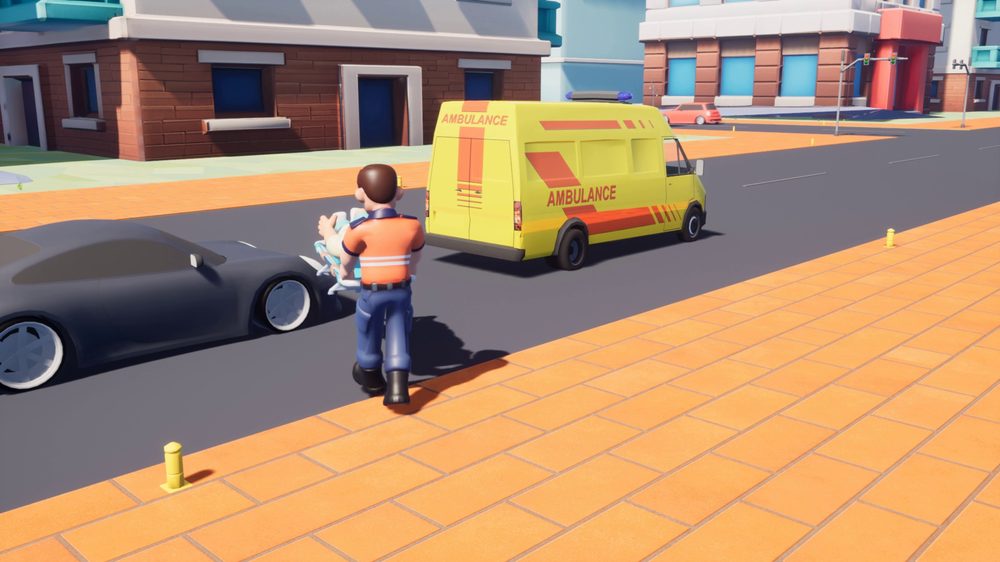 A paramedic wheeling a loaded stretcher towards the open back of a parked
                      ambulance at a road-accident scene.