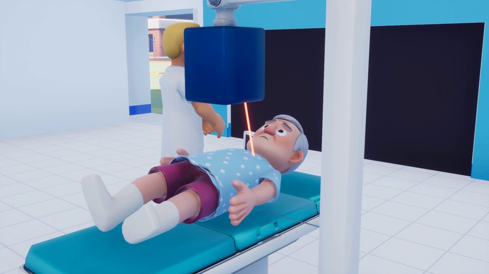 A patient lying on the X-ray table while the overhead emitter lines up its
                      targeting laser and a doctor operates the machine.